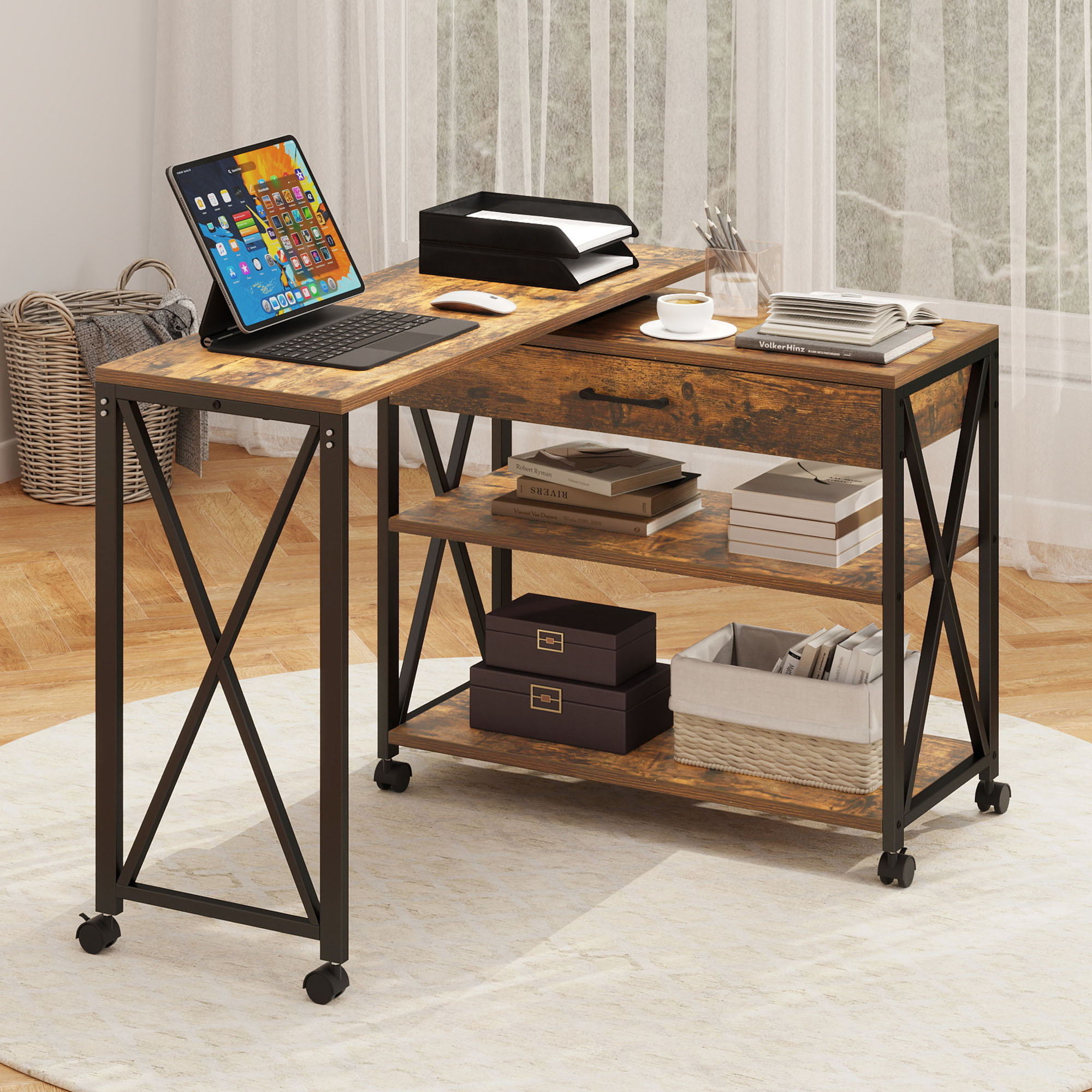 Mineo 35.4 Rotating L Shaped Writing Desk with Drawer Storage Shelves 17 Stories